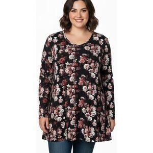 LuLaRoe Women 3x Black & Pink Floral Roses Stretch "Lynnae" T-shirt Top